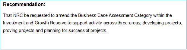 Recommendation:
That NRC be requested to amend the Business Case Assessment Category within the Investment and Growth Reserve to support activity across three areas; developing projects, proving projects and planning for success of projects.


