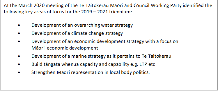 At the March 2020 meeting of the Te Taitokerau Māori and Council Working Party identified the following key areas of focus for the 2019 – 2021 triennium:

•	Development of an overarching water strategy
•	Development of a climate change strategy
•	Development of an economic development strategy with a focus on Māori  economic development
•	Development of a marine strategy as it pertains to Te Taitokerau
•	Build tāngata whenua capacity and capability e.g. LTP etc
•	Strengthen Māori representation in local body politics.
