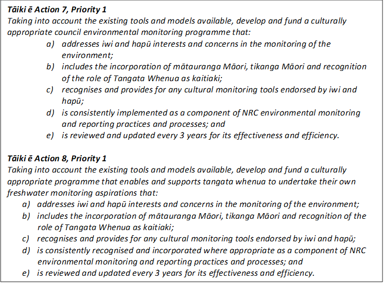 Tāiki ē Action 7, Priority 1
Taking into account the existing tools and models available, develop and fund a culturally appropriate council environmental monitoring programme that:
a)	addresses iwi and hapū interests and concerns in the monitoring of the environment;
b)	includes the incorporation of mātauranga Māori, tikanga Māori and recognition of the role of Tangata Whenua as kaitiaki; 
c)	recognises and provides for any cultural monitoring tools endorsed by iwi and hapū; 
d)	is consistently implemented as a component of NRC environmental monitoring and reporting practices and processes; and
e)	is reviewed and updated every 3 years for its effectiveness and efficiency.

Tāiki ē Action 8, Priority 1
Taking into account the existing tools and models available, develop and fund a culturally appropriate programme that enables and supports tangata whenua to undertake their own freshwater monitoring aspirations that:
a)	addresses iwi and hapū interests and concerns in the monitoring of the environment;
b)	includes the incorporation of mātauranga Māori, tikanga Māori and recognition of the role of Tangata Whenua as kaitiaki; 
c)	recognises and provides for any cultural monitoring tools endorsed by iwi and hapū; 
d)	is consistently recognised and incorporated where appropriate as a component of NRC environmental monitoring and reporting practices and processes; and
e)	is reviewed and updated every 3 years for its effectiveness and efficiency.
