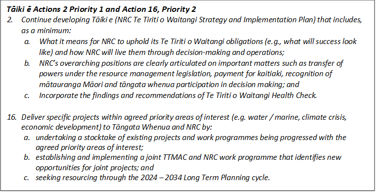 Tāiki ē Actions 2 Priority 1 and Action 16, Priority 2
2.	Continue developing Tāiki e (NRC Te Tiriti o Waitangi Strategy and Implementation Plan) that includes, as a minimum:
a.	What it means for NRC to uphold its Te Tiriti o Waitangi obligations (e.g., what will success look like) and how NRC will live them through decision-making and operations; 
b.	NRC’s overarching positions are clearly articulated on important matters such as transfer of powers under the resource management legislation, payment for kaitiaki, recognition of mātauranga Māori and tāngata whenua participation in decision making; and
c.	Incorporate the findings and recommendations of Te Tiriti o Waitangi Health Check.

16.	Deliver specific projects within agreed priority areas of interest (e.g. water / marine, climate crisis, economic development) to Tāngata Whenua and NRC by:
a.	undertaking a stocktake of existing projects and work programmes being progressed with the agreed priority areas of interest;
b.	establishing and implementing a joint TTMAC and NRC work programme that identifies new opportunities for joint projects; and 
c.	seeking resourcing through the 2024 – 2034 Long Term Planning cycle.
