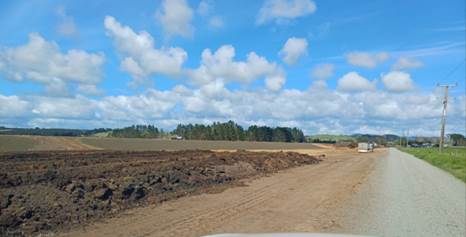 A dirt road with trees in the background

Description automatically generated