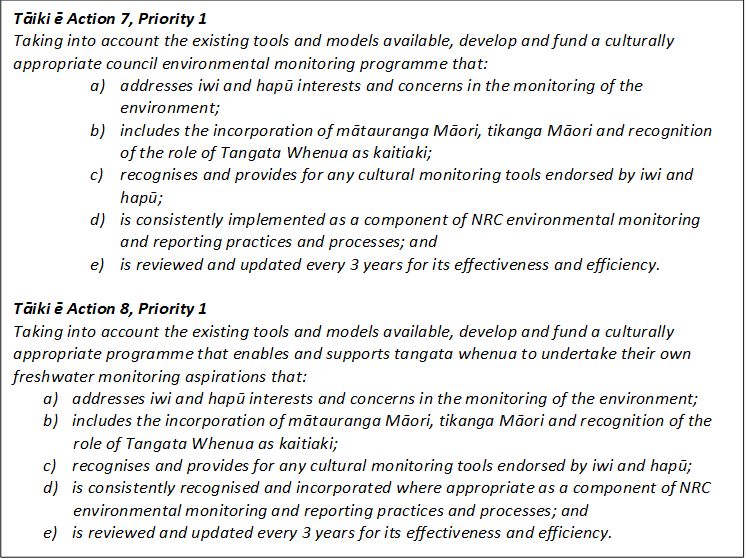 Tāiki ē Action 7, Priority 1
Taking into account the existing tools and models available, develop and fund a culturally appropriate council environmental monitoring programme that:
a)	addresses iwi and hapū interests and concerns in the monitoring of the environment;
b)	includes the incorporation of mātauranga Māori, tikanga Māori and recognition of the role of Tangata Whenua as kaitiaki; 
c)	recognises and provides for any cultural monitoring tools endorsed by iwi and hapū; 
d)	is consistently implemented as a component of NRC environmental monitoring and reporting practices and processes; and
e)	is reviewed and updated every 3 years for its effectiveness and efficiency.

Tāiki ē Action 8, Priority 1
Taking into account the existing tools and models available, develop and fund a culturally appropriate programme that enables and supports tangata whenua to undertake their own freshwater monitoring aspirations that:
a)	addresses iwi and hapū interests and concerns in the monitoring of the environment;
b)	includes the incorporation of mātauranga Māori, tikanga Māori and recognition of the role of Tangata Whenua as kaitiaki; 
c)	recognises and provides for any cultural monitoring tools endorsed by iwi and hapū; 
d)	is consistently recognised and incorporated where appropriate as a component of NRC environmental monitoring and reporting practices and processes; and
e)	is reviewed and updated every 3 years for its effectiveness and efficiency.
